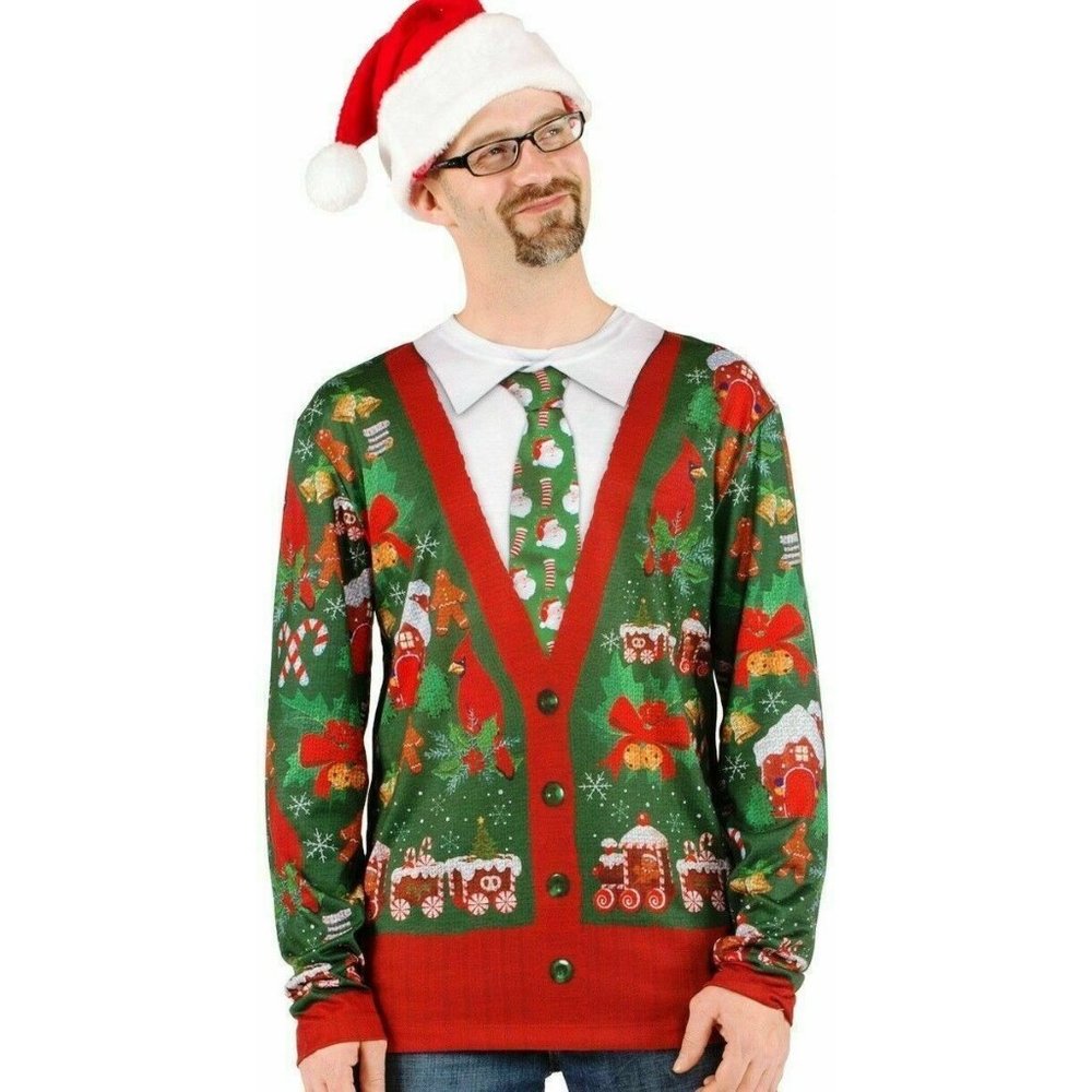 Faux Real Mens Ugly Christmas Sweater Long Sleeve T-Shirt Cardigan Tie Medium
